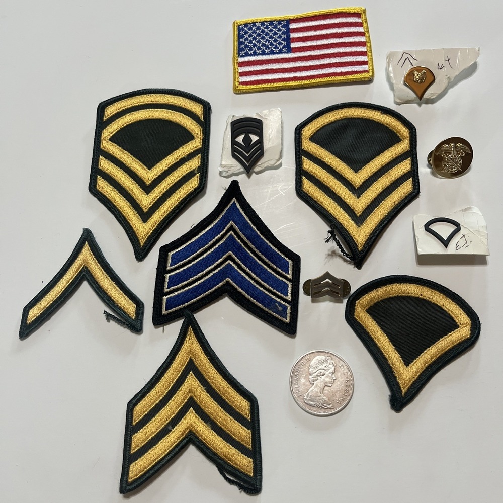 US Military Rank Insignia Lot Army Chevron Patches Pins Flag Uniform Mixed